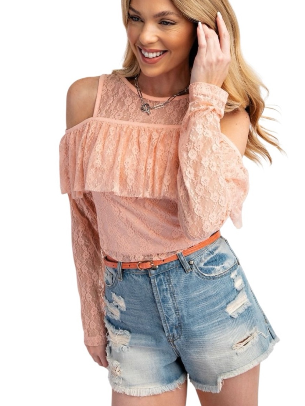 e12 Peach Lace Cold-Shoulder Ruffle Blouse